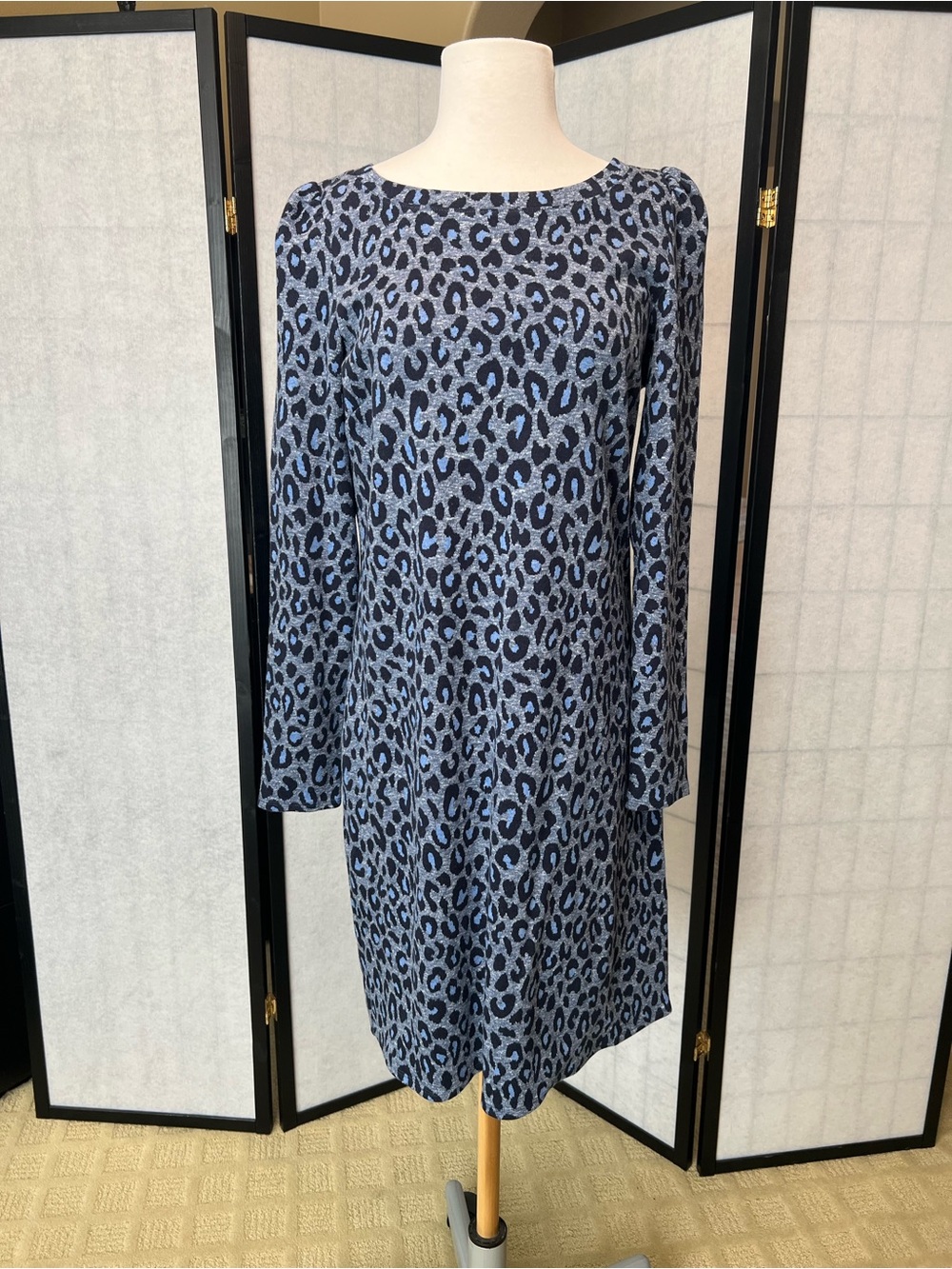Talbots - Blue Leopard Print Long-Sleeve Shift Dress